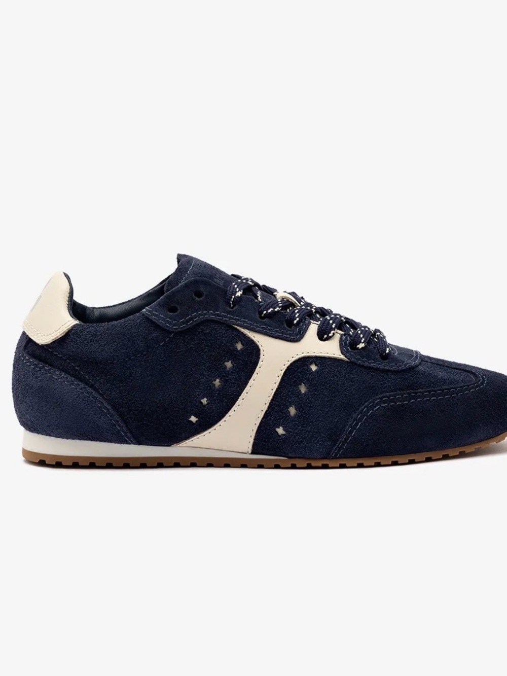 Larroude Navy Suede Sneakers with Ivory Side Stripe
